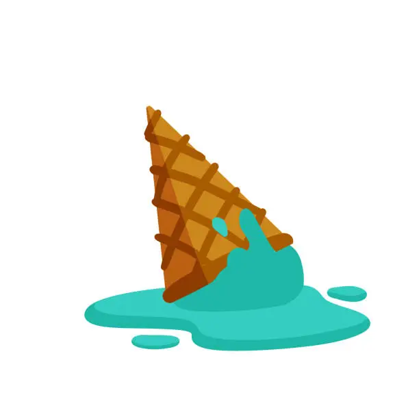 Vector illustration of Melted ice cream in cone. Dessert fell to the ground. Sweet puddle. Flat cartoon illustration
