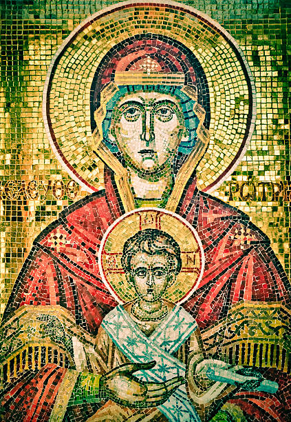 istock Madonna and child. Golden - green icon 136323364