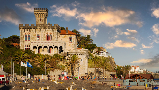 View of the famous Tamariz beach at sunset, in the Portuguese town of Estoril.