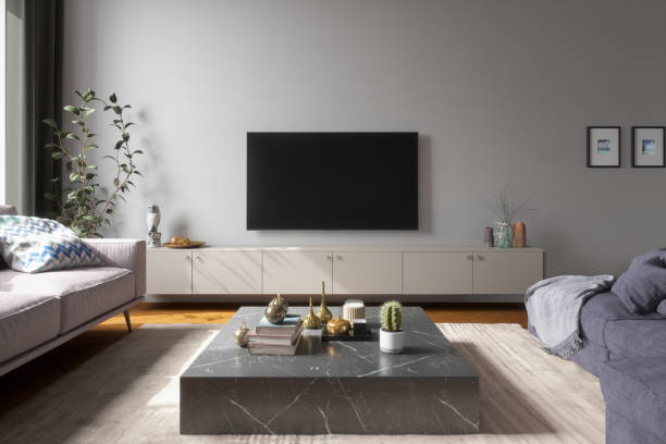 salle de séjour moderne de style scandinave - tv wall unit photos et images de collection