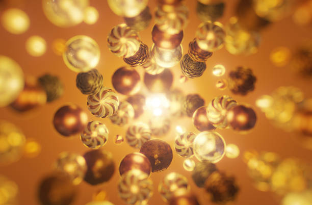 Close-up of a Christmas tree made of levitating Christmas ornaments in different shapes and colors. Computer generated image in a gold, white and bronze color theme.