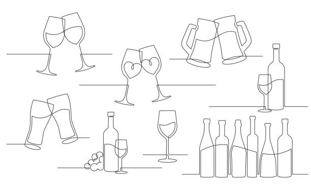 спиртовой набор в одну строку - toast wine wineglass glass stock illustrations