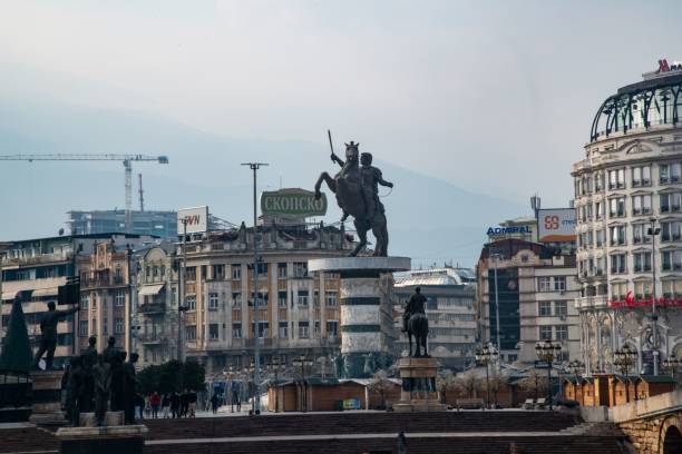Skopje, North Macedonia - 01 06 2022: the city center of the capital Skopje with a large equestrian statue of Alexander the Great