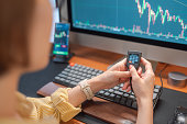 Hands of a woman  using hardware wallet buy cryptocurrency, blockchain investment, decentralize and  Stock market concept