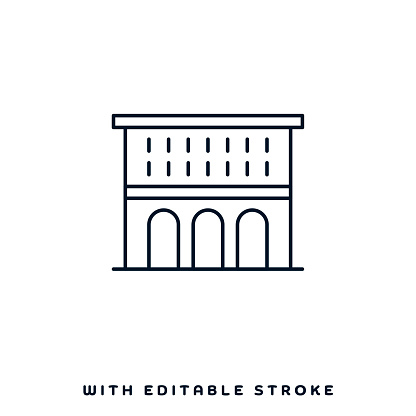 Historic buildings concept graphic design can be used as icon representations. The vector illustration is line style, pixel perfect, suitable for web and print with editable linear strokes.