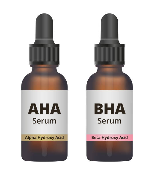 Vector set of amber glass dropper bottles with AHA and BHA face serum or solution – alpha hydroxy acid and beta hydroxy acid isolated on a white Vector set of amber glass dropper bottles with AHA and BHA face serum or solution – alpha hydroxy acid and beta hydroxy acid compounds that consist of a carboxylic acid isolated on a white background. citric acid stock illustrations