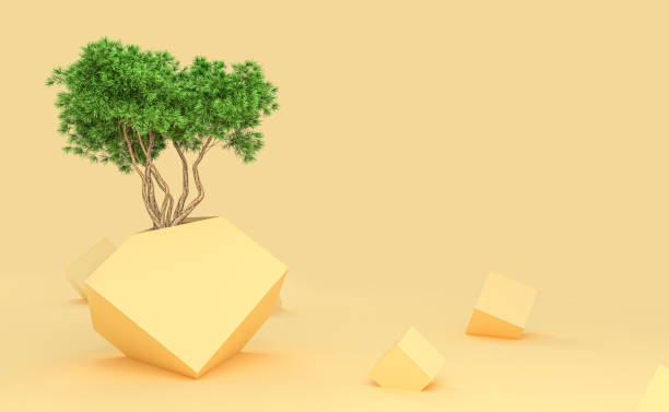 istock Ecological concept. An evergreen tree growing out of a sandy yellow cube around scattered cubes like a desert concept. the 3D illustration 1363251959