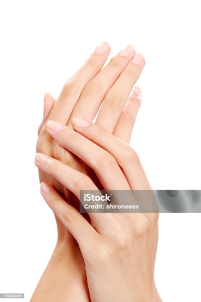 Handcare Image of female manicured hands on white background Applying Stock Photo