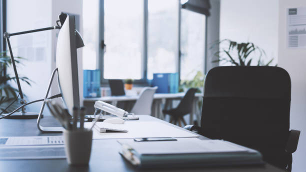 istock Corporate office room interior with windows 1363252991