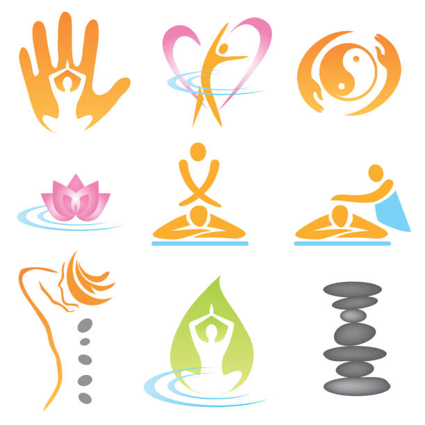 icons yoga, massage, fitness. - lastone therapy illustrations stock-grafiken, -clipart, -cartoons und -symbole