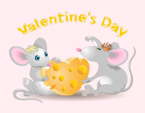 Vector illustration of Valentine's Day card with funny mice and cheese