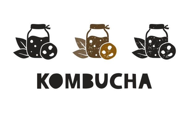 ilustrações de stock, clip art, desenhos animados e ícones de kombucha, silhouette icons set with lettering. imitation of stamp, print with scuffs - postage stamp white background nobody color image