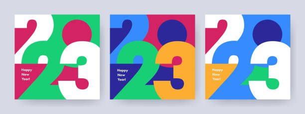Creative concept of 2023 Happy New Year posters set. Design templates with typography logo 2023 for celebration and season decoration. Creative concept of 2023 Happy New Year posters set. Design templates with typography logo 2023 for celebration and season decoration. Minimalistic trendy backgrounds for branding, banner, cover, card page number design stock illustrations