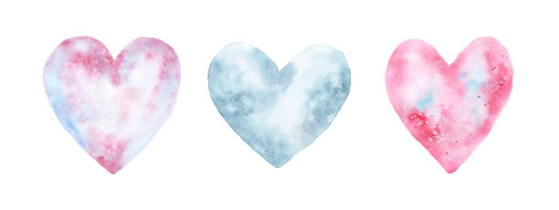 istock Hand-painted watercolor pink and blue hearts set 1363263005