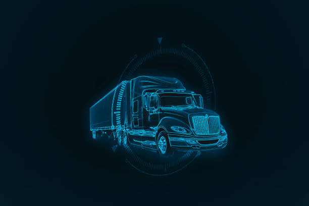 Truck. Abstract vector 3d heavy lorry van. Highway road. Isolated on dark blue background. Transportation, logistics or international shipping concept.
