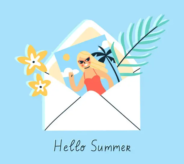 Vector illustration of Open envelope with a photo of a girl enjoying her vacation, exotic flowers and a palm branch