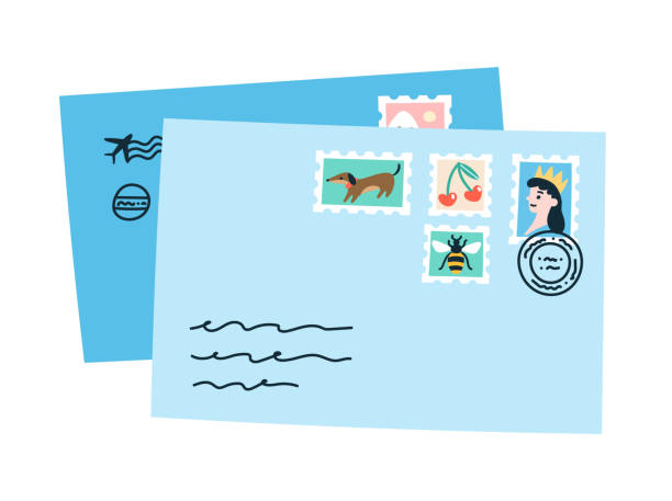 화려한 우표와 두 글자의 스택. - postage stamp design element mail white background stock illustrations