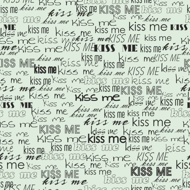 seamless vector pattern for valentine's day on a light blue background seamless vector pattern of the phrase "KISS ME" in different sizes, made in black on a light blue background kissing on the mouth stock illustrations