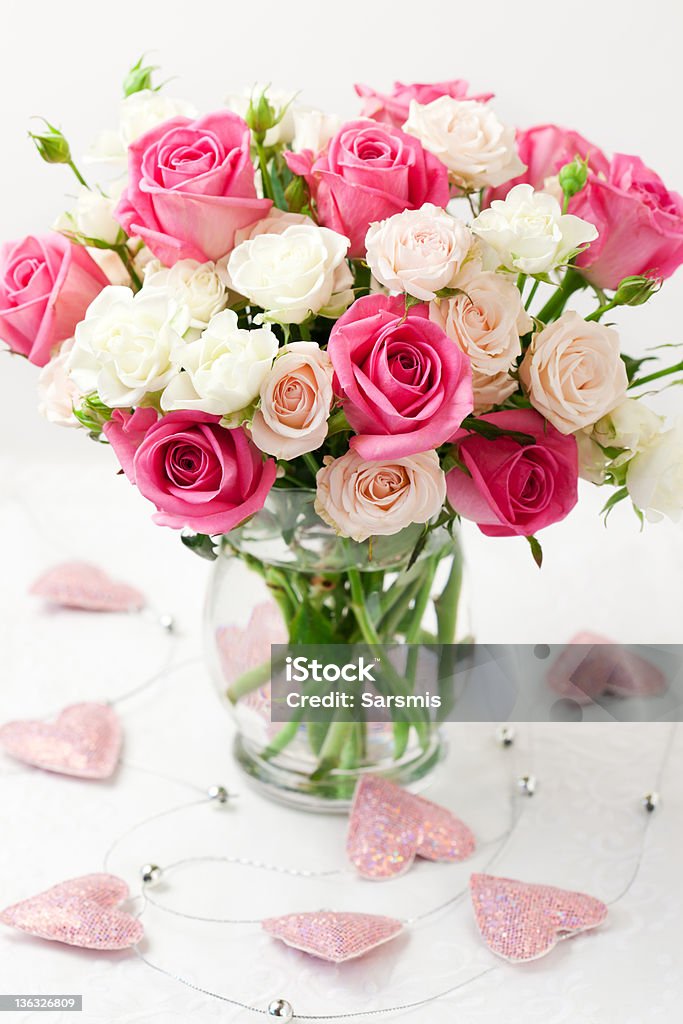 bouquet of roses in vase festive bouquet of pink and white roses in vase Arrangement Stock Photo