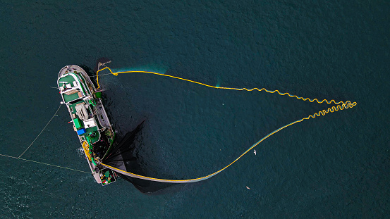4K Resolution Aerial view of shot of a big fisherman boat.