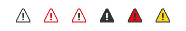 Danger sign attention pixel icons. 8 bit pixel button set. Collection vector Danger sign attention pixel icons. 8 bit pixel button set. Collection isolated vector crash site stock illustrations