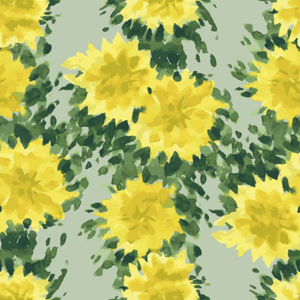 stockillustraties, clipart, cartoons en iconen met seamless pattern from watercolor  drawings of abstract yellow flowers with green leaves - watercolour brush strokes green background