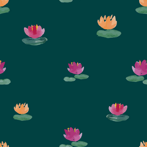 stockillustraties, clipart, cartoons en iconen met seamless pattern from watercolor drawings of pink nad yellow water lilies - watercolour brush strokes green background