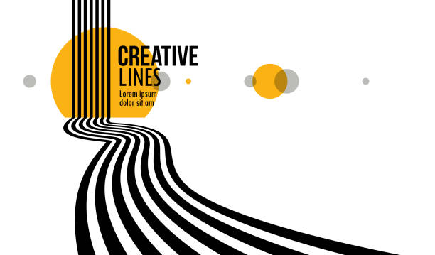 czarno-białe linie 3d w perspektywie z żółtymi elementami abstrakcyjne tło wektorowe, ilustracja z perspektywy liniowej op art, droga do horyzontu. - art product stock illustrations