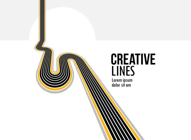 Vector illustration of Future lines in 3D perspective vector abstract background, black and yellow linear composition, road to horizon and sky concept, optical illusion op art.