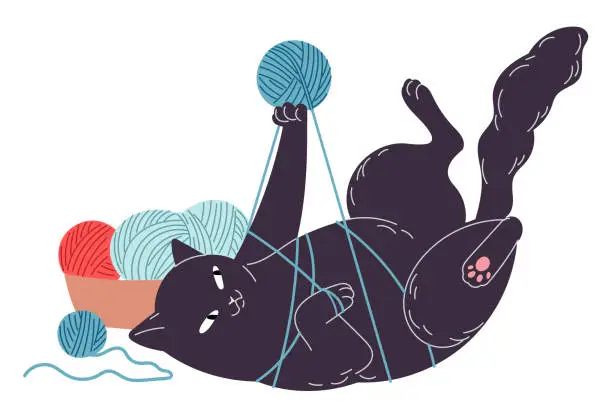 Vector illustration of Cat got tangled in thread playing with the ball