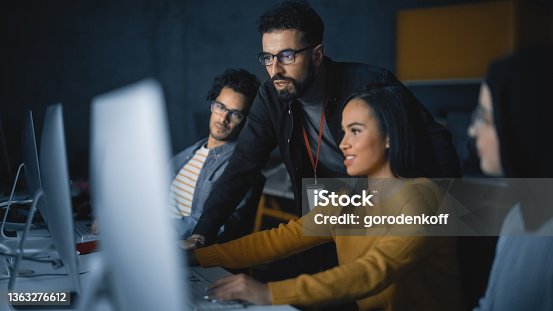 istock Lecturer Helps Scholar with Project, Advising on Their Work. Teacher Giving Lesson to Diverse Multiethnic Group of Female and Male Students in College Room, Teaching New Academic Skills on a Computer. 1363276612