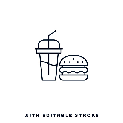 Fast food chains concept graphic design can be used as icon representations. The vector illustration is line style, pixel perfect, suitable for web and print with editable linear strokes.