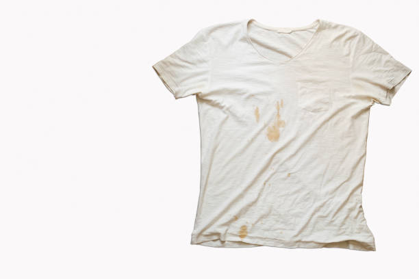 White t shirt with coffee stain and wrinkles stock photo