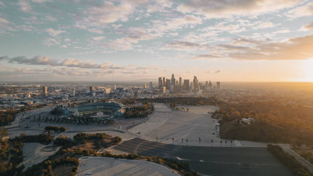 aerial over los angeles at sunset - santa monica beach beach city of los angeles los angeles county imagens e fotografias de stock