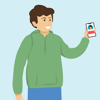 Man holding his cell phone. Drawn in CMYK in flat colors
