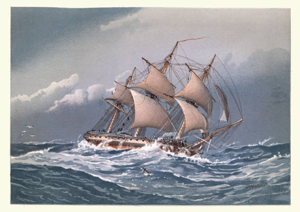 Royal navy warship, 28 gun frigate, 1794, late 18th Century Vintage illustration of a Royal navy warship, 28 gun frigate, 1794, late 18th Century Ship stock illustrations