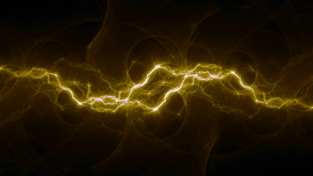golden fractal lightning background, electrical abstract - lightning storm electricity thunderstorm imagens e fotografias de stock