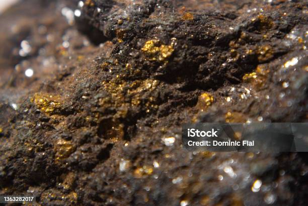 Closeup Of Pyrite On Black Mica Schist Stock Photo - Download Image Now - Gold - Metal, Metal Ore, Rock - Object