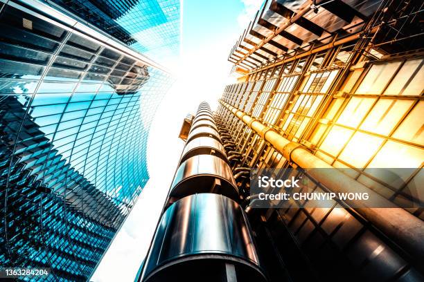View Of High Rise Glass Building And Dark Steel In London Stock Photo - Download Image Now