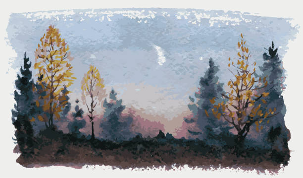 istock Watercolor vector illustration of autumn forest landscape in evening sunset 1363285715