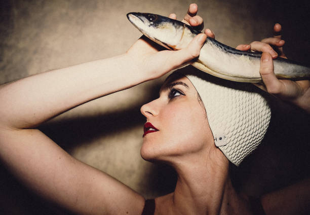Beauty, fish, vintage, art, swimming cup, close-up, fun, young woman, beauty, rough, luxury, portrait, retro style, fashion,