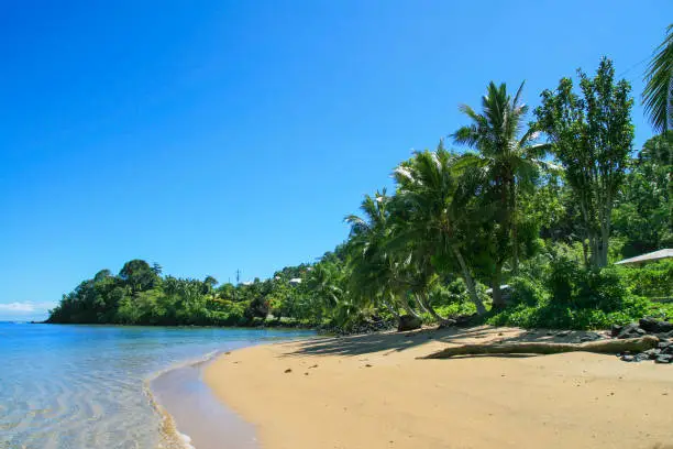 Albatross Island view from Upolu Island coast, pristine tropical coastal paradise with crystal pure blue waters in central Pacific Ocean, two samoans fishing in the shallow water