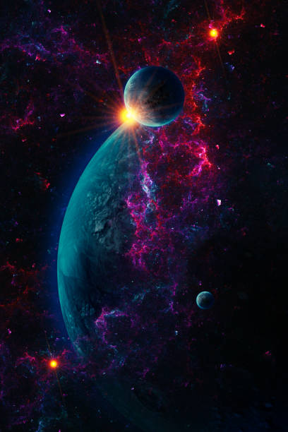 3d rendered galaxy abstract space scene with planets and glowing stars on nebulae - sterrenstelsel stockfoto's en -beelden