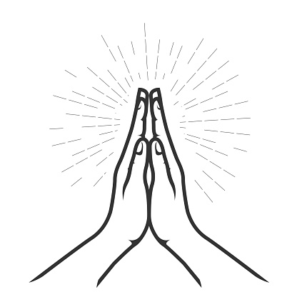 Folded hands in prayer, palm to palm hands, christian blessing in grace, vector