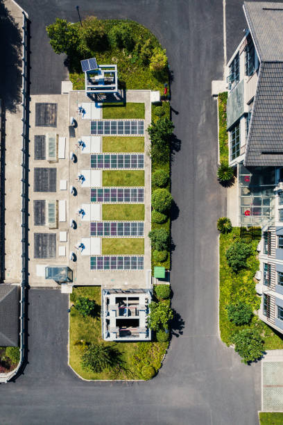 Aerial View of Family Houses with Solar Panels stock photo
