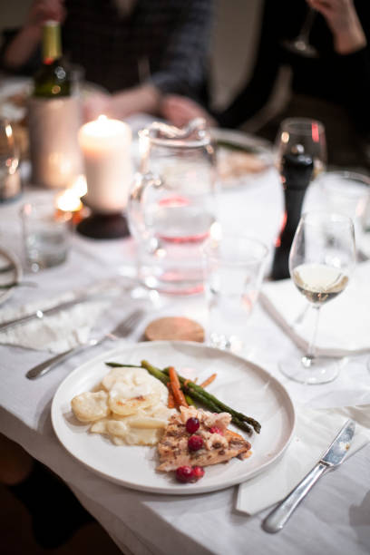 Salmon, cranberries,  asparagus and potatoes