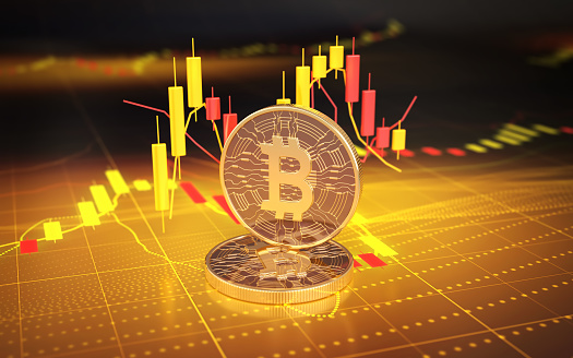 3d render Bitcoin crypto currency on digital graphic background (depth of field)