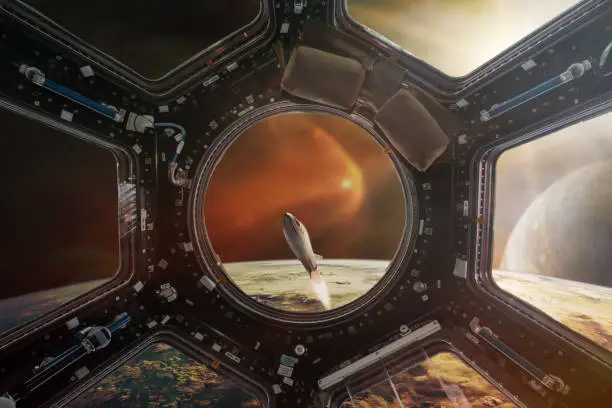 View of Starship taking off on a mission, from a porthole of ISS. Elements of this image furnished by NASA.