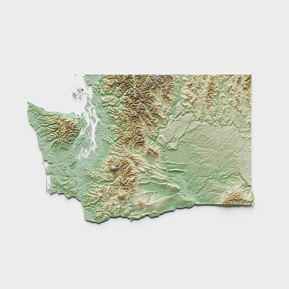 3D render of a topographic map of Washington State. All source data is in the public domain. SRTM data courtesy of the U.S. Geological Survey (https://search.earthdata.nasa.gov/search/granules?p=C1000000240-LPDAAC_ECS&pg[0][v]=f&pg[0][gsk]=-start_date&q=srtm%201%20arc&tl=1640787673!3!!&m=11.7421875!-80.859375!2!1!0!0%2C2). Map rendered using QGIS and Blender software.