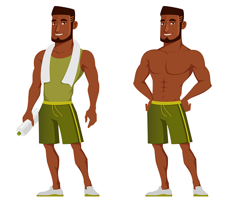 handsome African American man in sport outfit, funny cartoon character